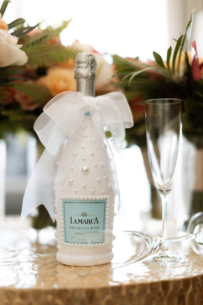 Detail shot of LaMarca prosecco with white pearls