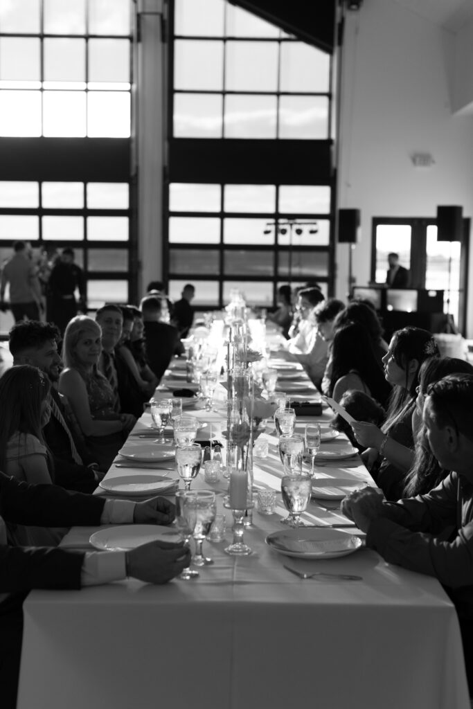 Indoor wedding reception table details at Lavender on the Lake, photographed by The Deans Photography