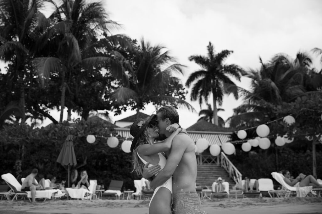 Bride and groom in the Caribbean Sea in Jamaica
